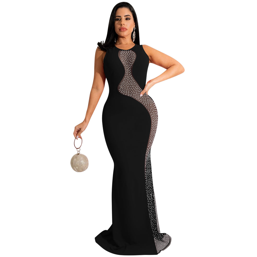 X5580   nightclub style sexy rhinestone mesh see-through sleeveless backless maxi dress for women