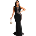 X5580   nightclub style sexy rhinestone mesh see-through sleeveless backless maxi dress for women