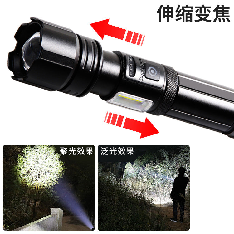 Cross-border new Type-c charging side light red and white power display white laser LED telescopic zoom output flashlight