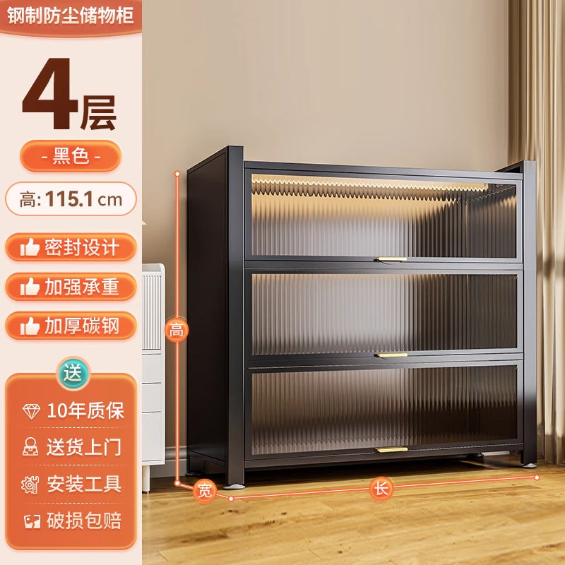 Multifunctional kitchen storage rack with cabinet doors, floor-standing, multi-tier, dustproof storage cabinet for microwave, pots, pans, and bowls
