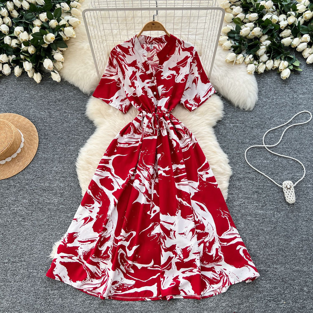 Frenchretrosense of design strappy waist short-sleeved printingdress women's summerslimming lookelegant large swing long skirt