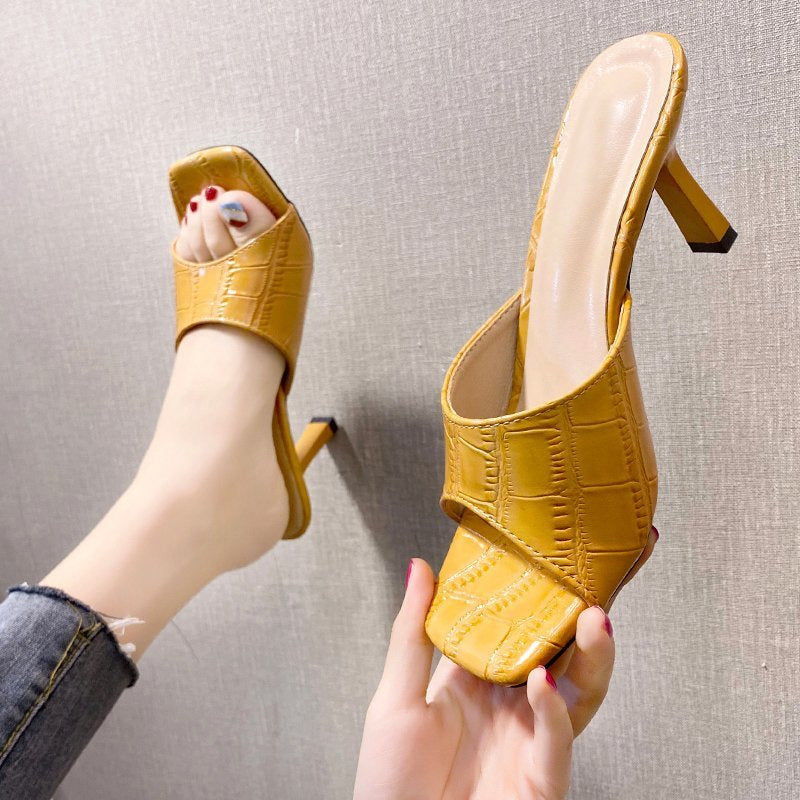 Trendy summer new arrival: french-style rhombus pattern open-toe heeled sandals for women - square toe, stiletto heel, and mule design
