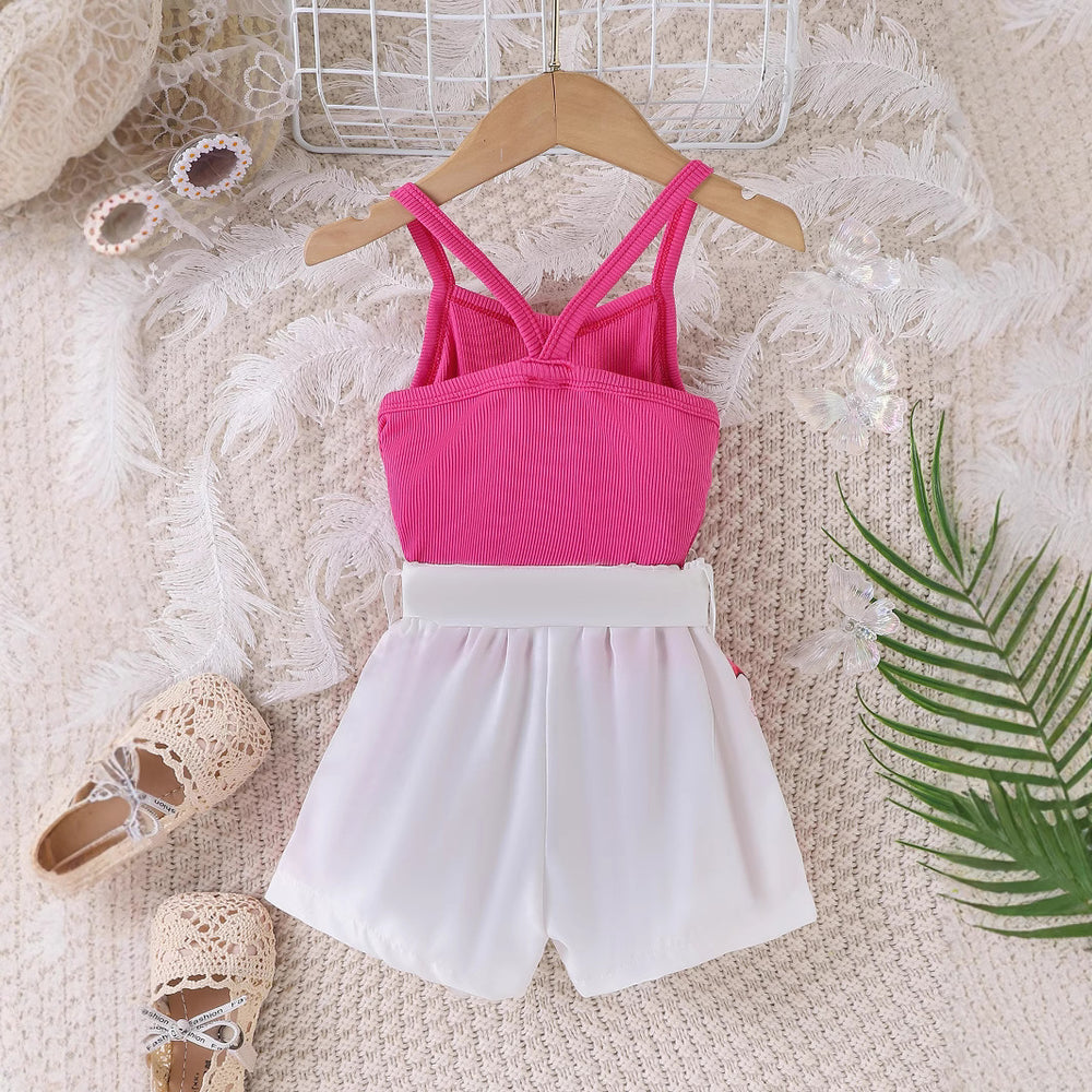 Children's clothing  fashion children's clothing rose red suspender top + printing pattern shorts girl