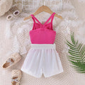 Children's clothing  fashion children's clothing rose red suspender top + printing pattern shorts girl