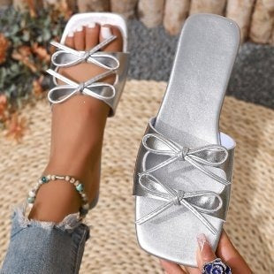 summer export flat heel bowknot beach sandals women's square toe one-strap plus size fashion sandals