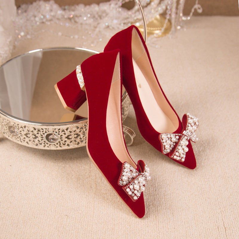 Chinese xiuhe wedding shoes for women 2024 new arrival wedding dress shoes thick heel non-tiring red engagement shoes bridal shoes