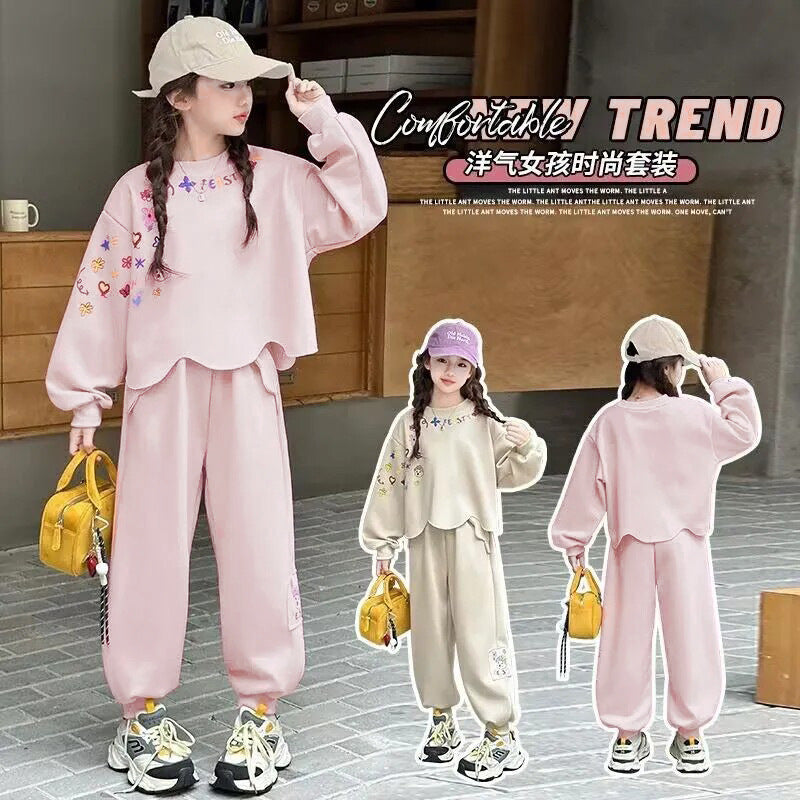 Girls' spring/autumn outfit set : korean style, new arrival, stylish cartoon hoodie and casual two-piece set for girls (mid-to-large size)