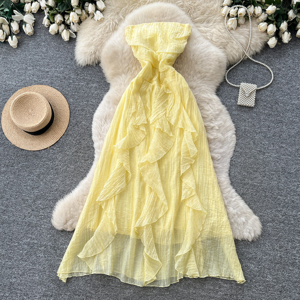 French riviera style halter sleeveless dress - women's summer korean high-waisted ruffle trim slimming elegant maxi dress - pink