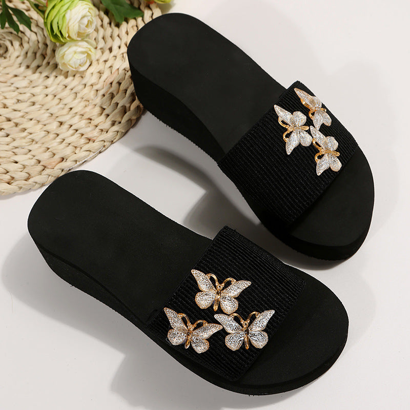 2024 summer new european and american fashion butterfly thick sole slippers women's aliexpress plus size wedge heel flat sandals