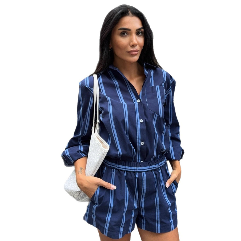 Cross-border European and American suits women's long-sleeved lapel cardigan shirt shorts  new women's clothing foreign style striped two-piece set