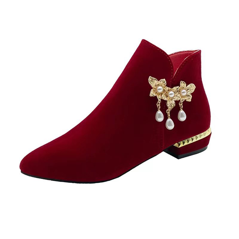 Winter wedding shoes women's burgundy chinoiserie xiuhe wedding dress two wear pearl thick heel bridal shoes fashionbows single boots