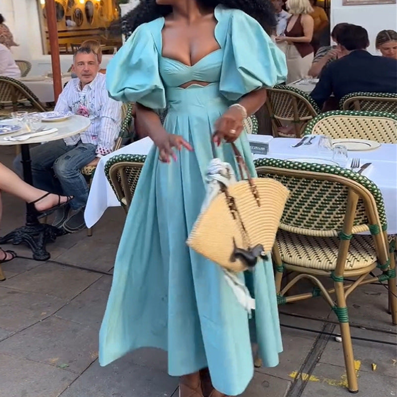 European and american cross-border women's fashion:  summer new arrivals - sexy and elegant square neck, puff sleeve, high-waisted midi dress