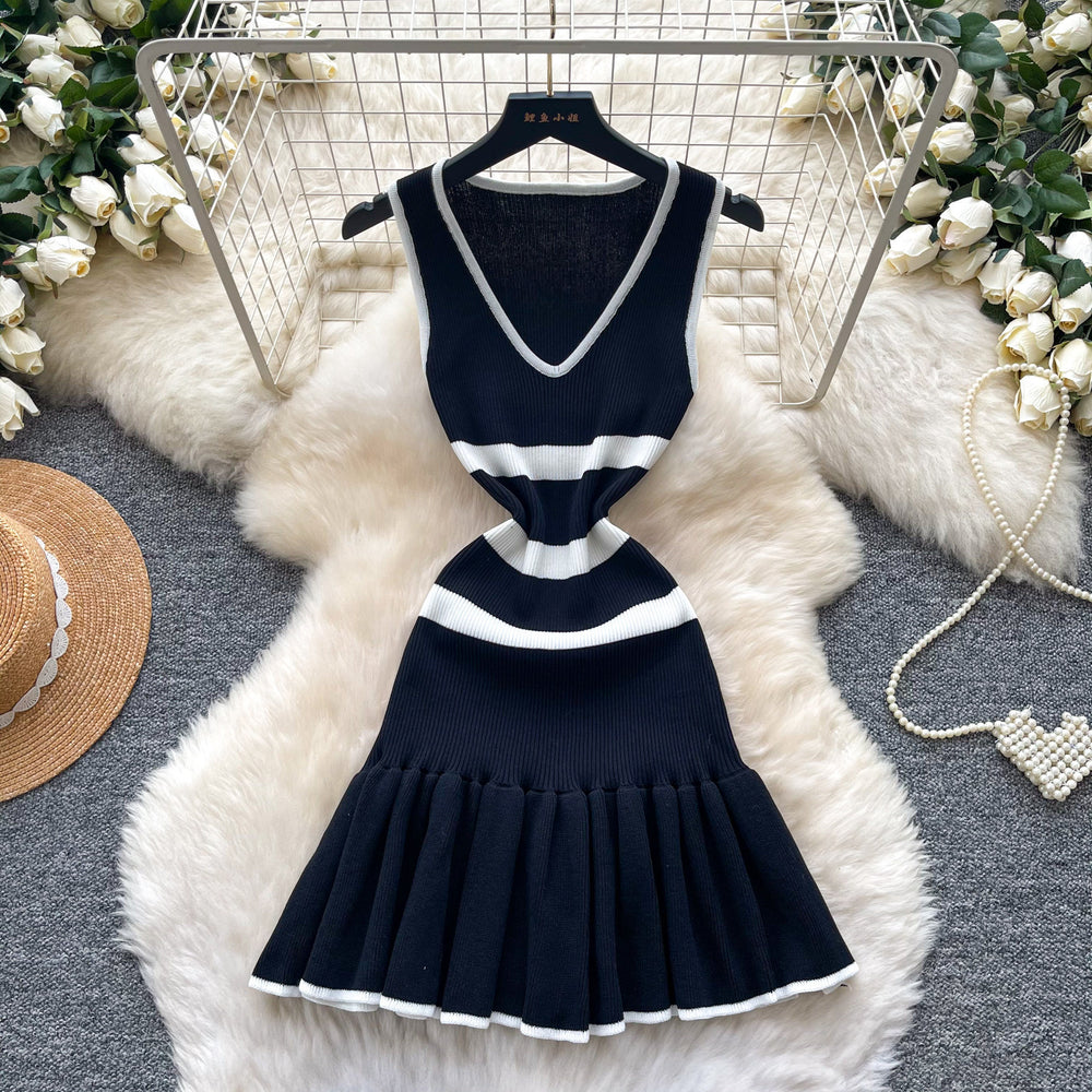 K-style v neckknittingstripes unique dress female salt style wear sleeveless waist elegant a-line skirt work clothing short skirt