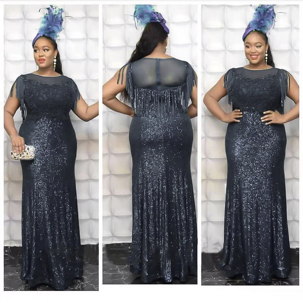 Aliexpress  autumn/winter  sequin tassel african plus size women's evening gown dress for banquets and special occasions