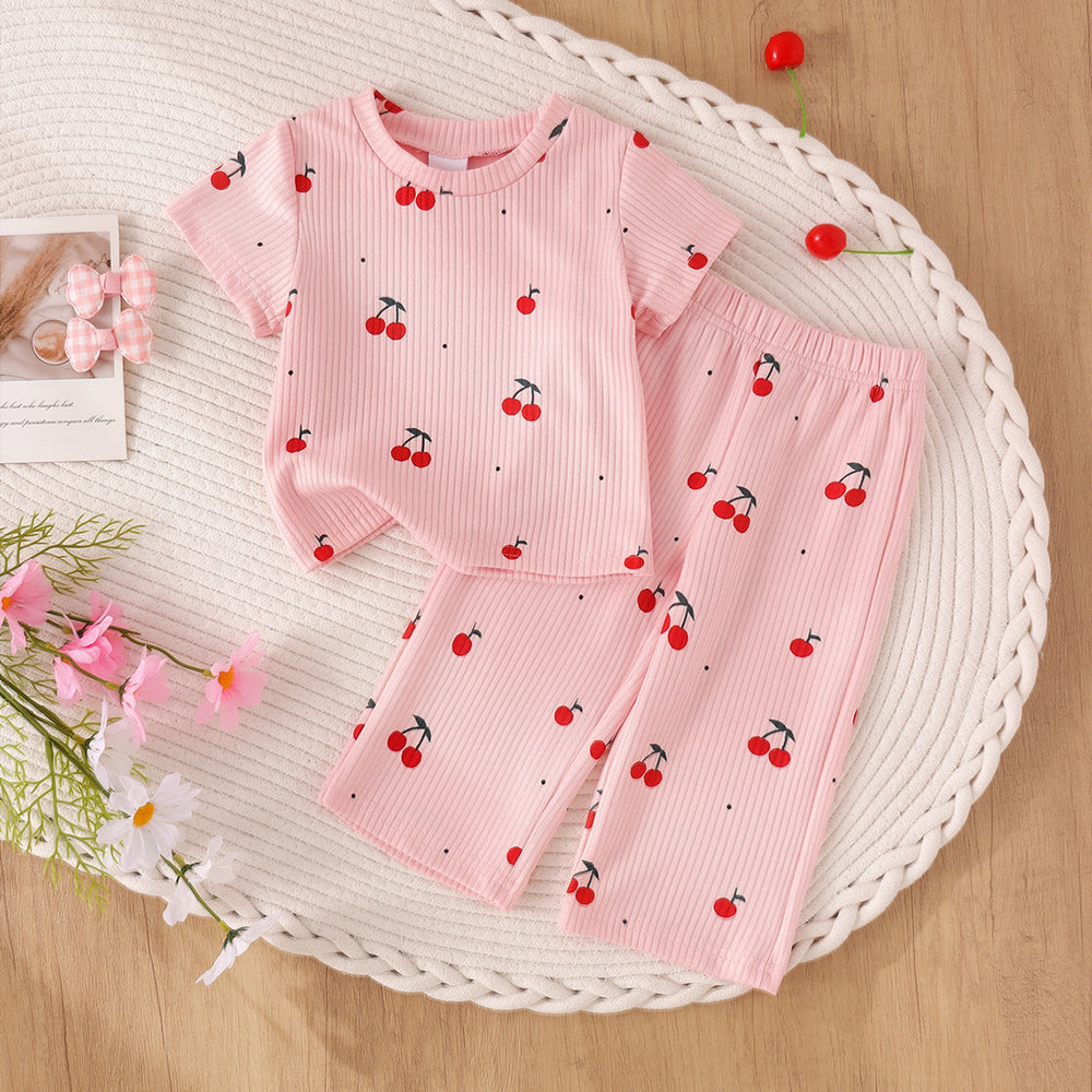 Children's clothing shein cross-border girl suit cherry pink t-shirt + pants two-piece set
