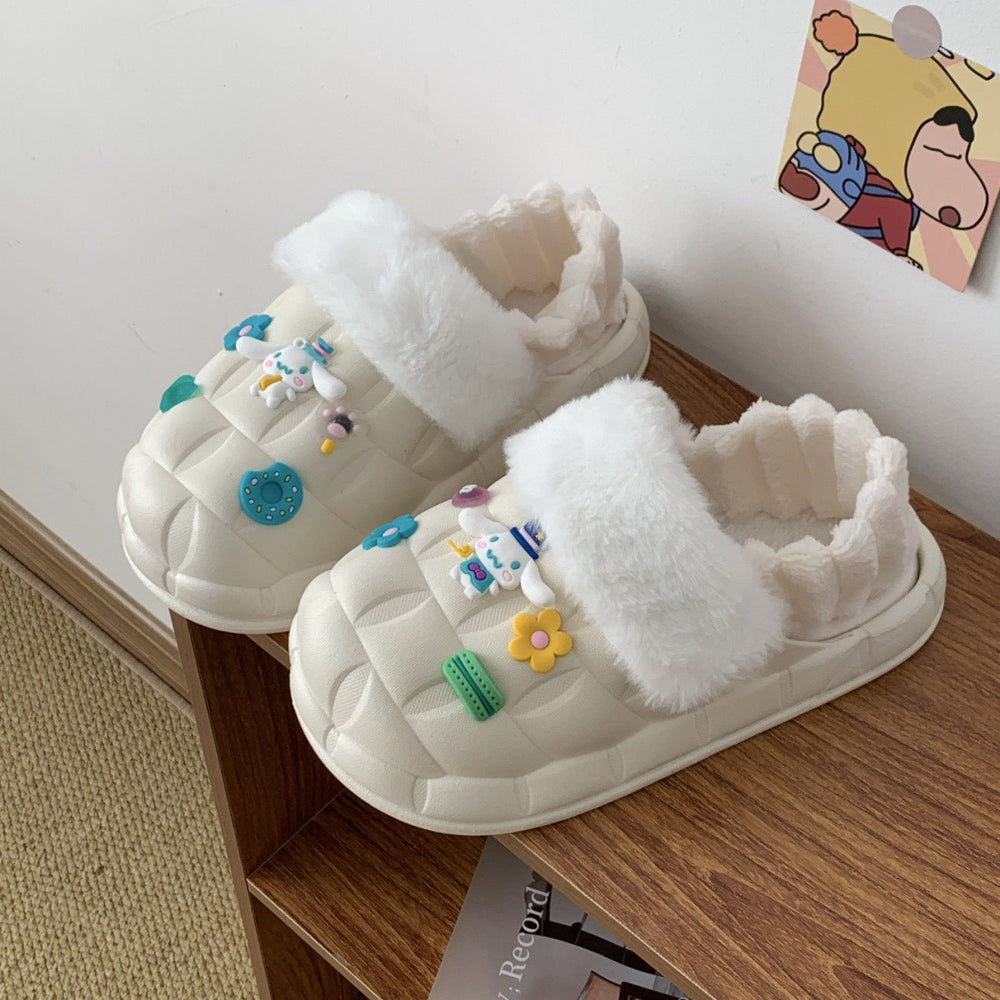 2025 women's winter slippers: cute cartoon design, thick sole, fleece lined, non-slip, wear-resistant, warm, detachable waterproof cotton shoes