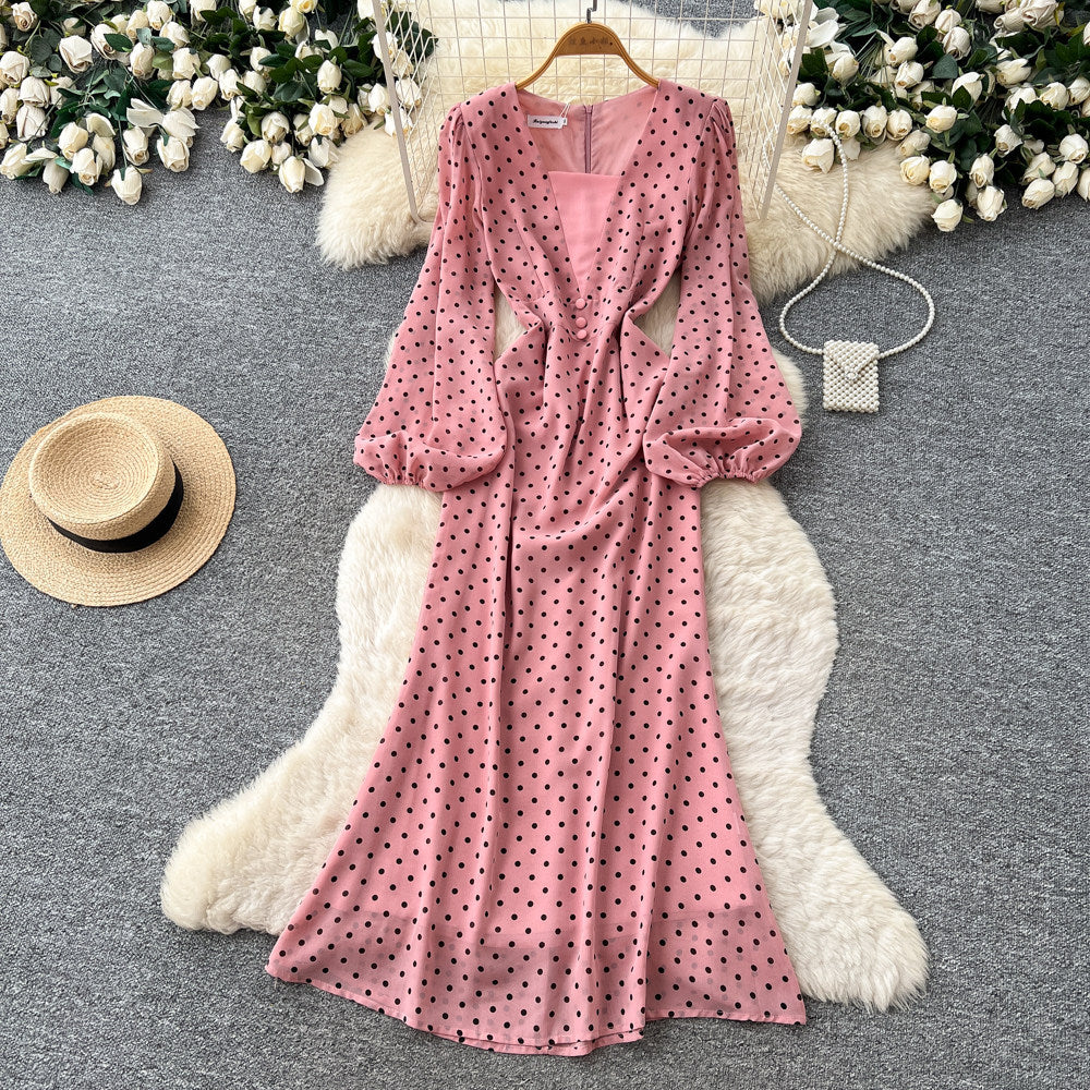 Vintage polka dot v-neck puff sleeve dress - women's summer slimming midi work dress