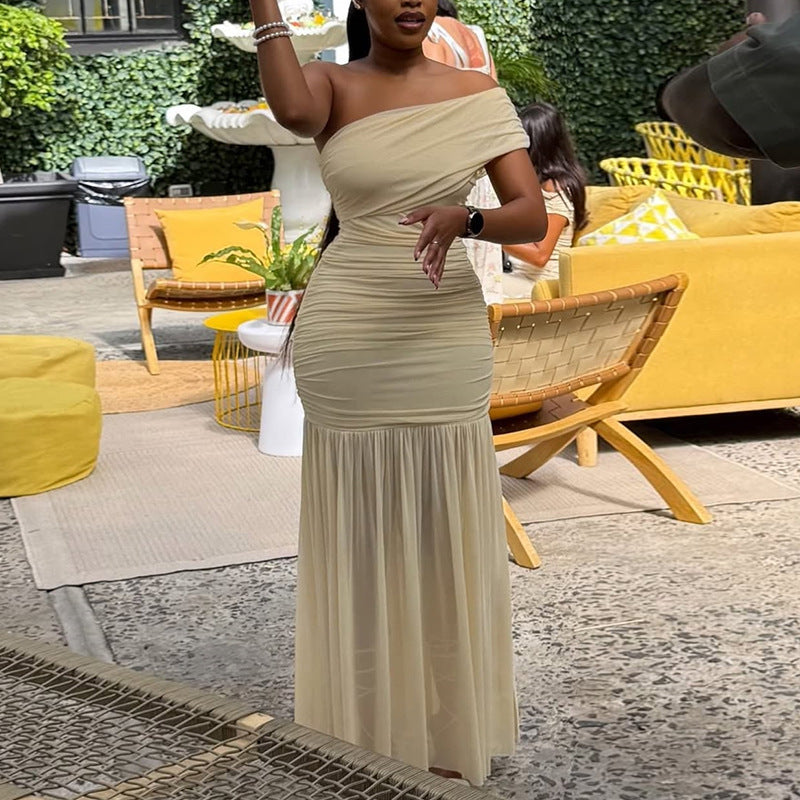 European and american cross-border women's fashion:  summer new arrival - elegant one-shoulder, slim-fit, slimming, mesh panel, ruched dress