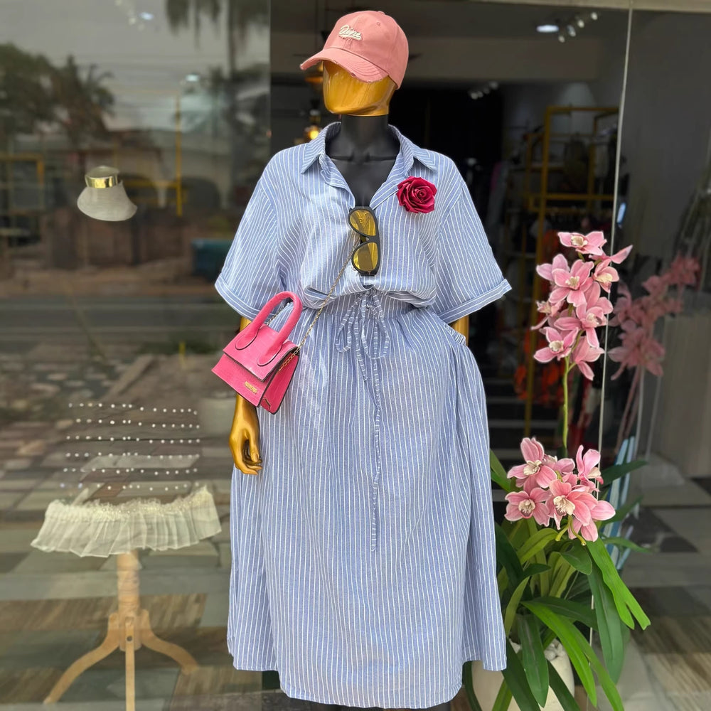 European and american cross-border women's fashion:  summer new collection - stylish loose-fit blue striped shirt and tie-waist midi skirt set
