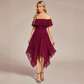 new cross-border summer fashion: european and american style  one-shoulder chiffon ruffle hem asymmetrical solid color dress