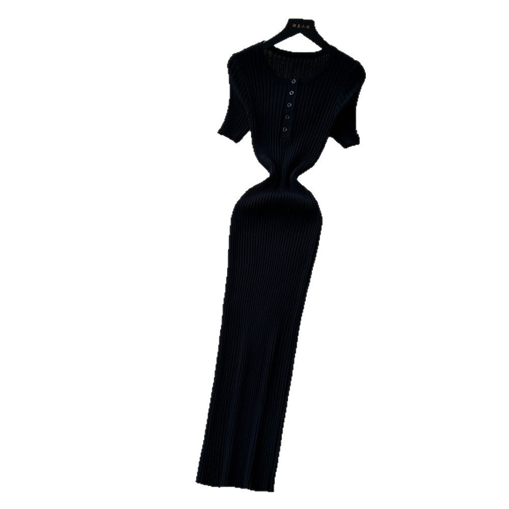 K-styleknittingcasual pure desire style dress women's summer short-sleeved waist silm a-line long skirt light mature elegance style
