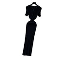 K-styleknittingcasual pure desire style dress women's summer short-sleeved waist silm a-line long skirt light mature elegance style