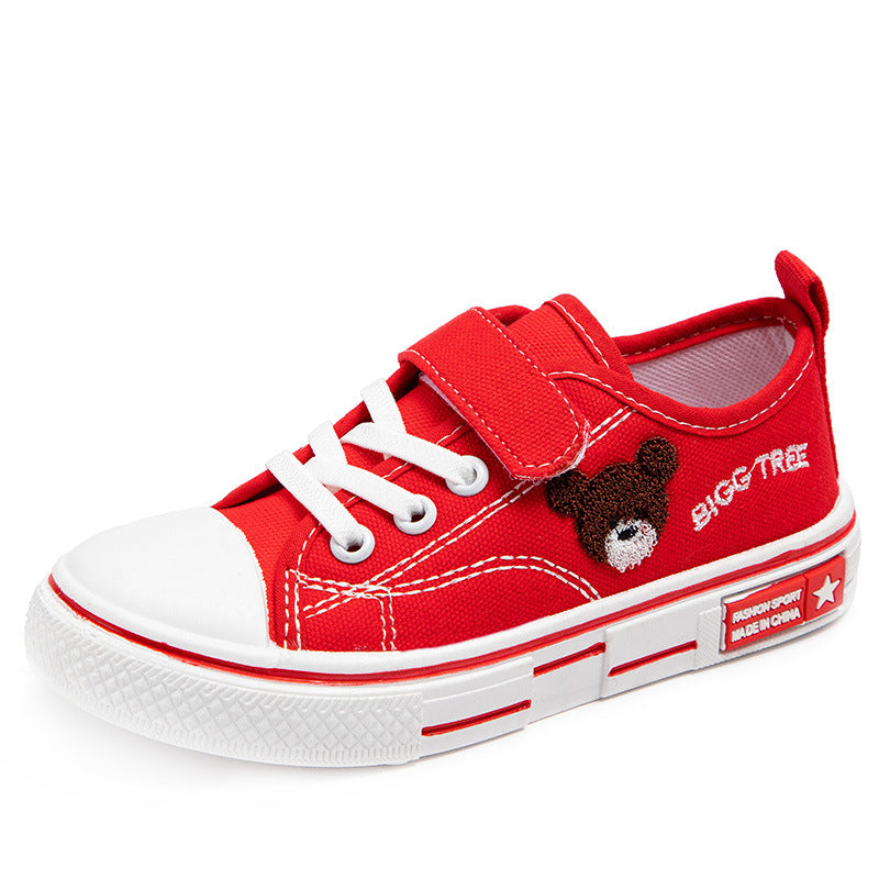 Low-top solid soft-soled baby casual board shoes children's spring new boys and girls breathable cartoon embroidered canvas shoes