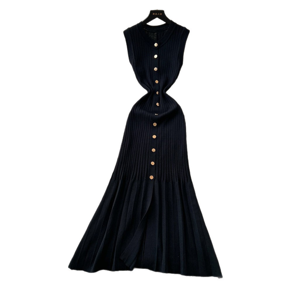 Korean style commute hollow-out green a-line dress - women's summer short sleeve high-waisted button-down elegant knit dress