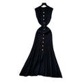 Korean style commute hollow-out green a-line dress - women's summer short sleeve high-waisted button-down elegant knit dress
