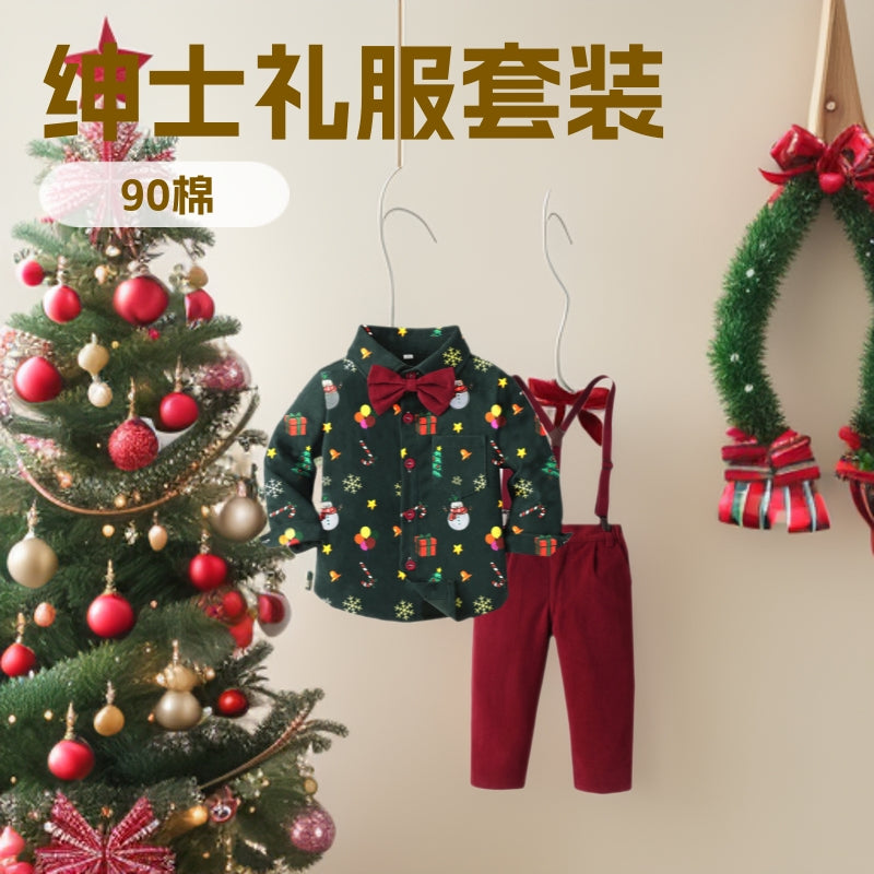 New arrival: boys' printed long-sleeve shirt & overalls set - gentleman's outfit, perfect for christmas!