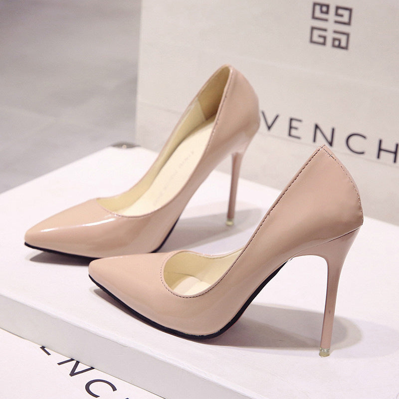 European style nude stiletto heels pointed toe black work pumps women's patent leather blue plus size shoes red wedding shoes
