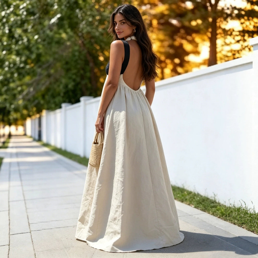 spring european and american cross-border casual and lazy style trendy wide shoulder strap contrast color tube top suspender large swing long skirt