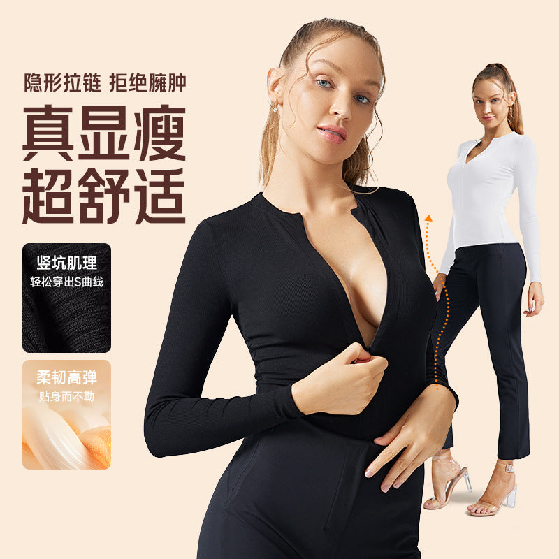 Long sleeves tight-fitting fitness clothes casual running zipper slimming look yoga clothes women's v-neck sports topsoutwear fitness clothes