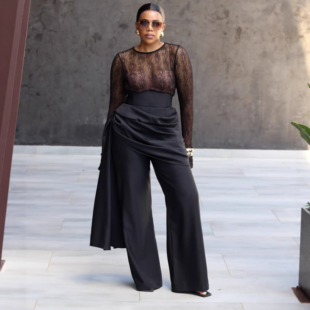 European and american cross-border women's fashion  summer new sexy chic round neck see-through top and design-driven pants set