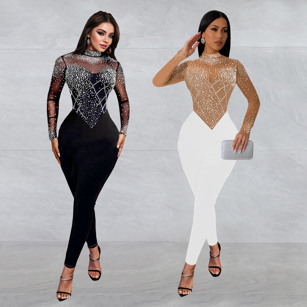 C7137 cross-border   fashion women's sexy mesh rhinestone textured banquet jumpsuit