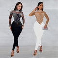 C7137 cross-border   fashion women's sexy mesh rhinestone textured banquet jumpsuit