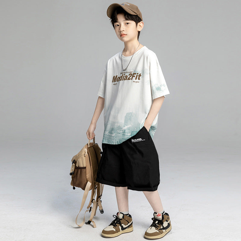 Boys' short-sleeve and shorts set: trendy crew neck t-shirt for boys, summer , versatile base layer, athletic top