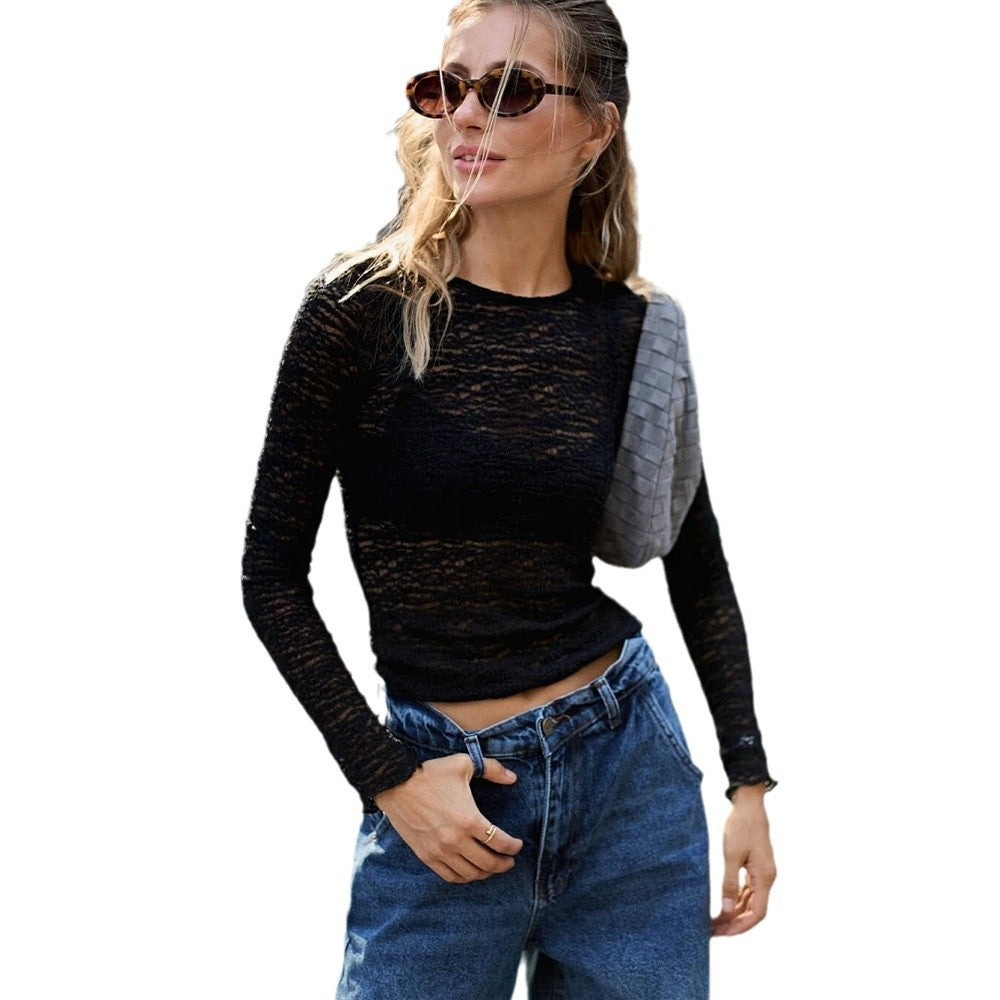 fall/winter european and american cross-border women's fashion new round neck sexy see-through long sleeve slim fit base layer top