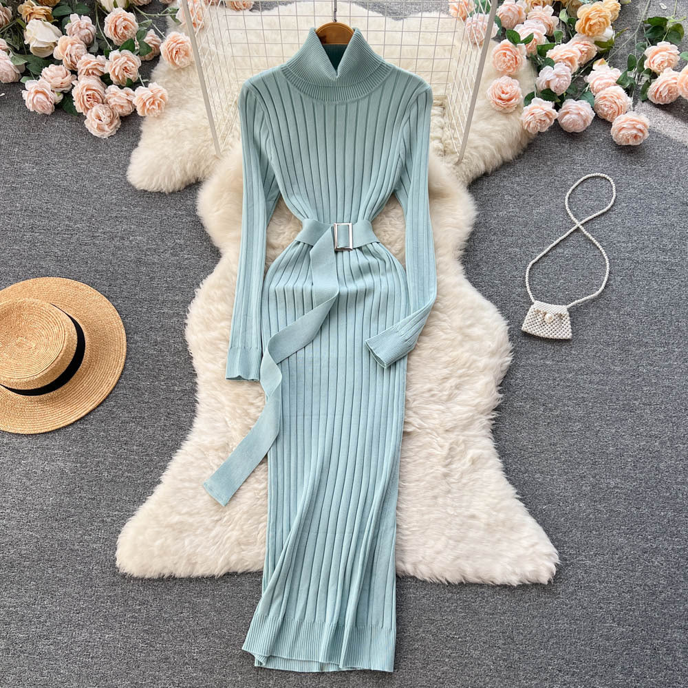 European and american style mock neck knit dress - autumn women's french retro slim fit bodycon maxi dress