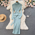 European and american style mock neck knit dress - autumn women's french retro slim fit bodycon maxi dress
