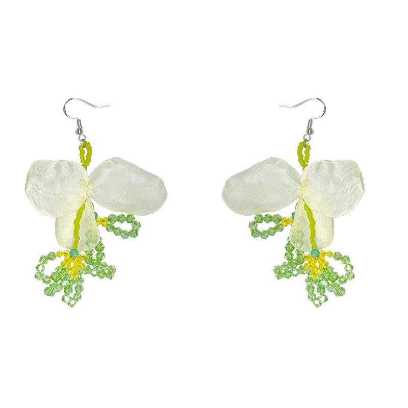 Green fresh beaded flower stud earrings long beach vacation style early spring earrings women's exaggerated stylish fashion earrings