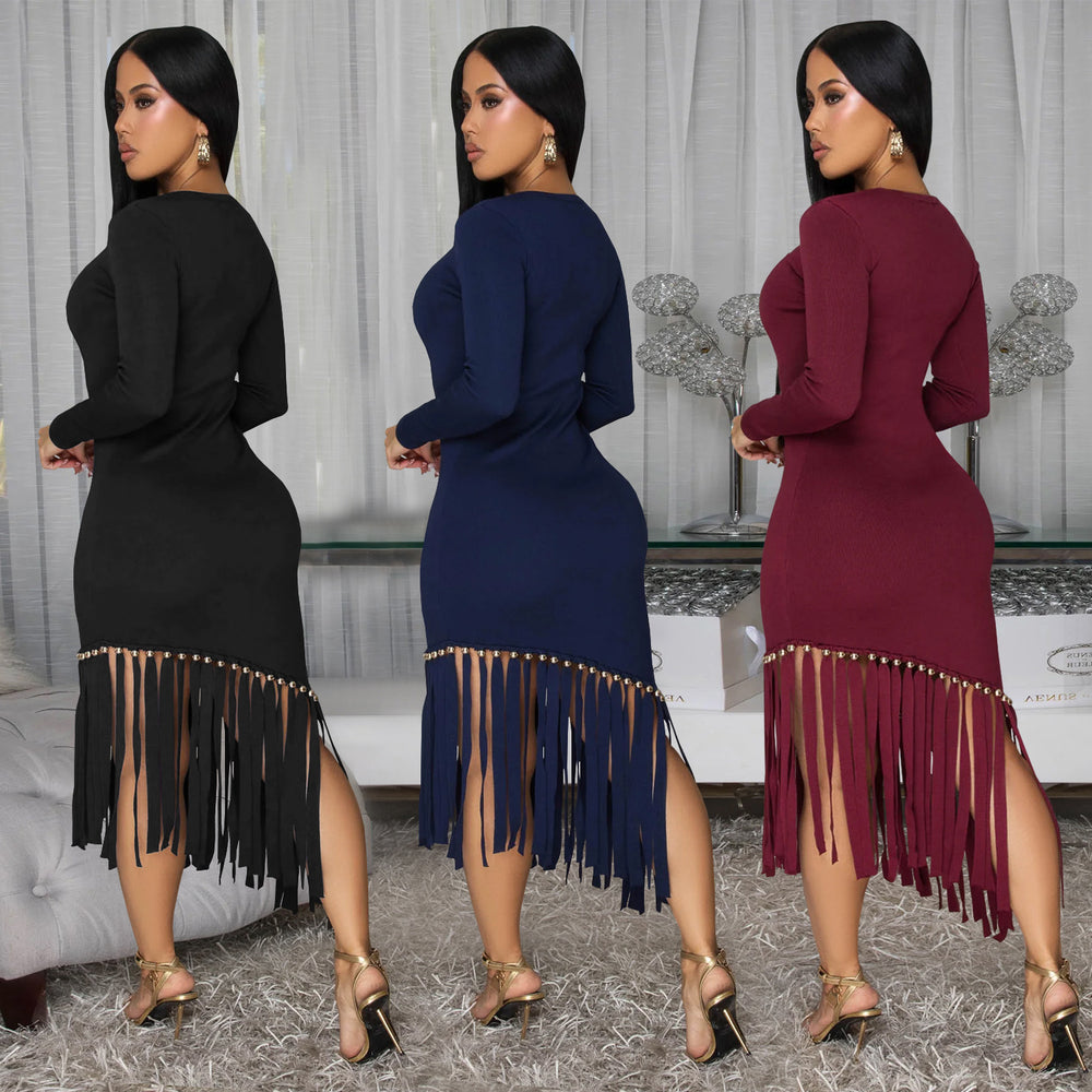 C7533 cross-border   fashion women's slim-fit solid color crew neck tassel hem dress