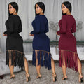 C7533 cross-border   fashion women's slim-fit solid color crew neck tassel hem dress