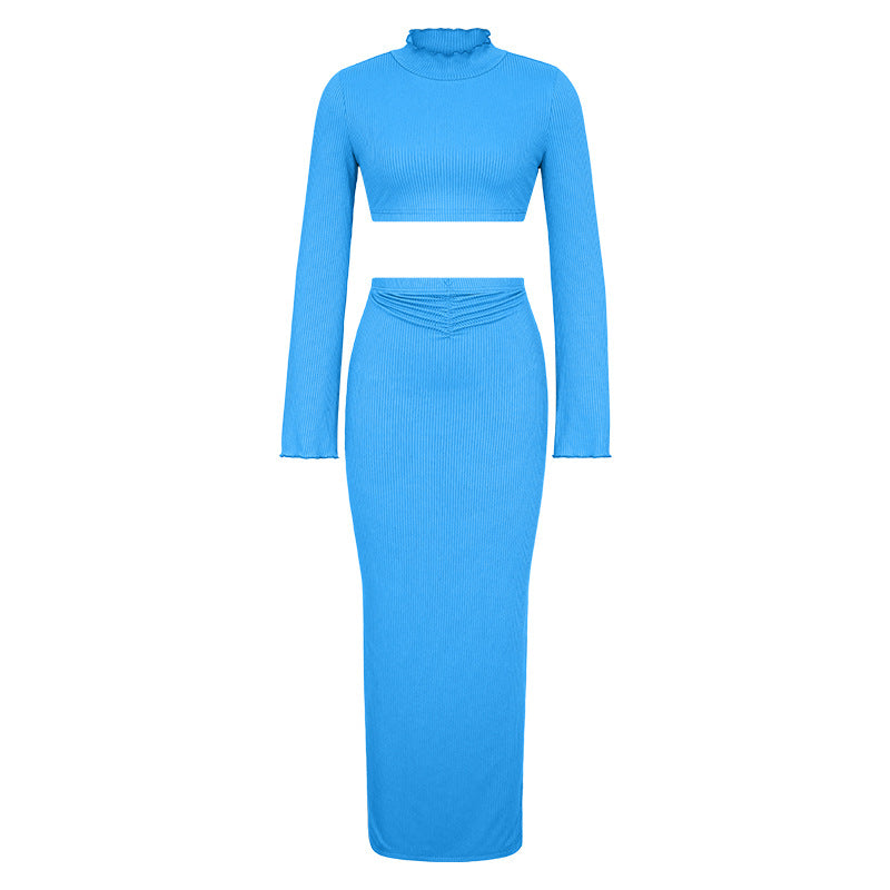 European and american  cross-border new arrival: elegant women's solid color cropped flare sleeve top and pleated maxi skirt two-piece set