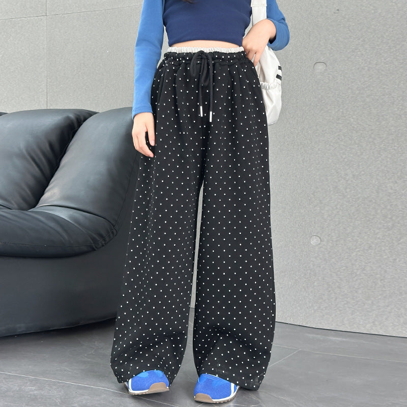 Girls' spring and autumn pants  new style: korean style polka dot wide-leg pants for big girls, kids' casual straight-leg trousers