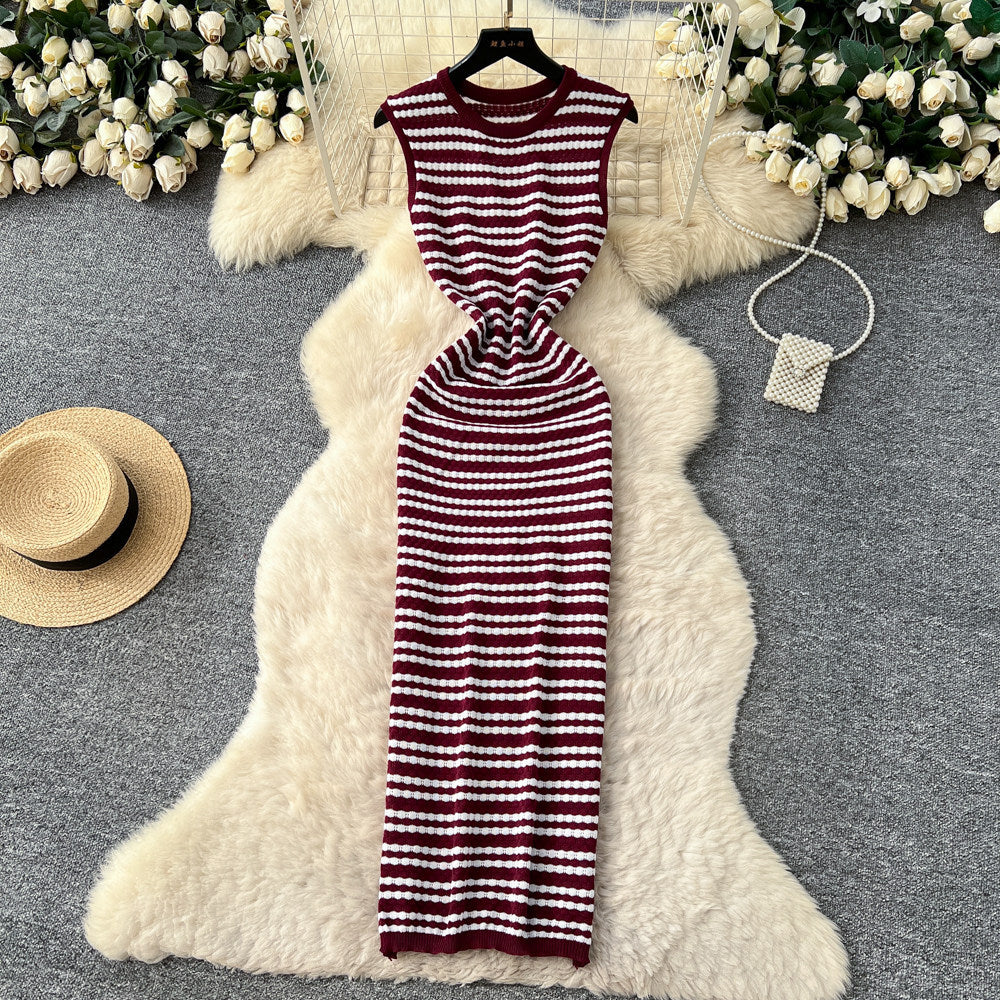 Korean style striped v-neck sleeveless knit dress - women's  summer new arrival - slim fit, waist-defining, slimming, commute-ready maxi dress