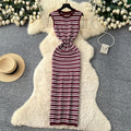 Korean style striped v-neck sleeveless knit dress - women's  summer new arrival - slim fit, waist-defining, slimming, commute-ready maxi dress