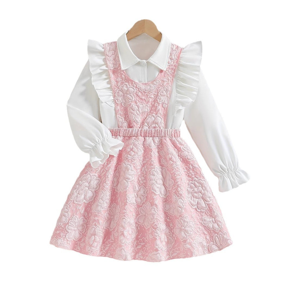 girl cutedresslong sleeves fungus edge shirtpatchwork long skirt pink stereo flower children's a-line skirt