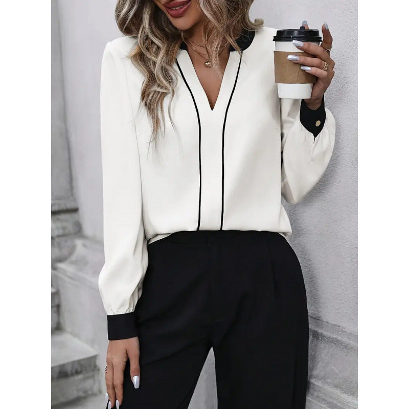 Shipped:  european and american cross-border new fashion v-neck button-down long sleeve top