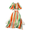 European and american style age-defying two-piece outfit: round neck lantern sleeve printed top + high-waisted flared skirt color block set